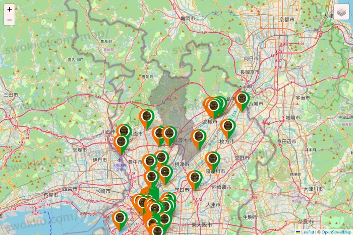 大阪府のタリーズの店舗地図