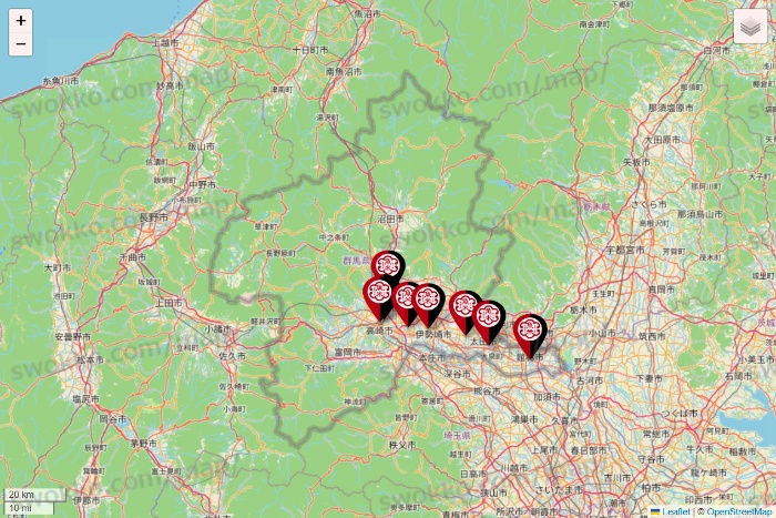 群馬県の魚べいの店舗地図