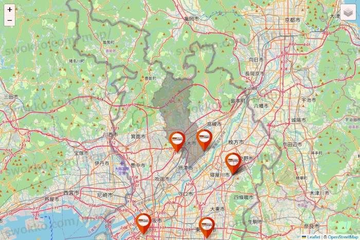 大阪府のビバホームの店舗地図