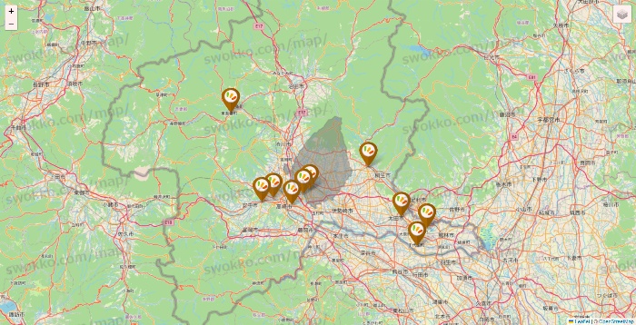 群馬県のワッツ系列（ワッツ、ワッツウィズ、シルク、ミーツ、フレッツ、百圓領事館）の店舗地図