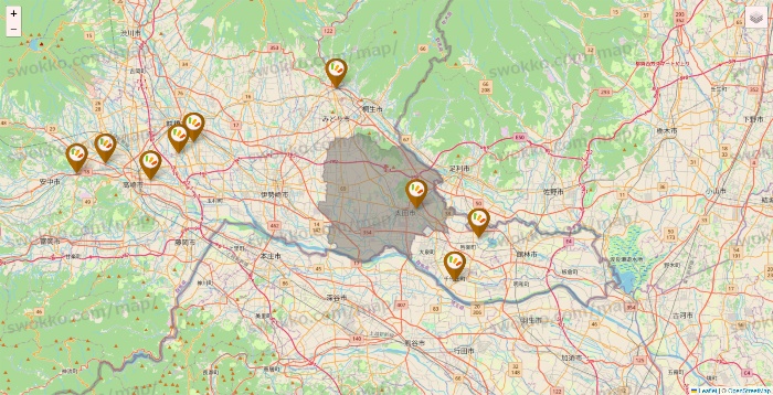 群馬県のワッツ系列（ワッツ、ワッツウィズ、シルク、ミーツ、フレッツ、百圓領事館）の店舗地図