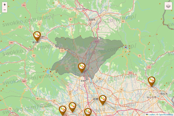 群馬県のワッツ系列（ワッツ、ワッツウィズ、シルク、ミーツ、フレッツ、百圓領事館）の店舗地図