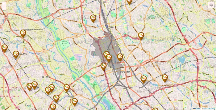 埼玉県のワッツ系列（ワッツ、ワッツウィズ、シルク、ミーツ、フレッツ、百圓領事館）の店舗地図