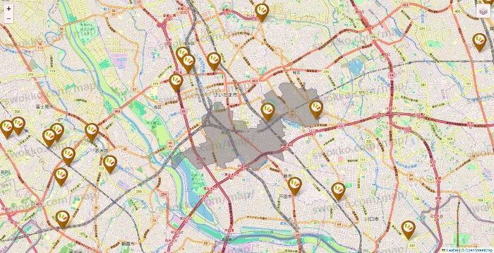 埼玉県のワッツ系列（ワッツ、ワッツウィズ、シルク、ミーツ、フレッツ、百圓領事館）の店舗地図