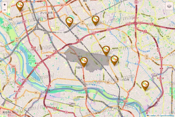 埼玉県のワッツ系列（ワッツ、ワッツウィズ、シルク、ミーツ、フレッツ、百圓領事館）の店舗地図