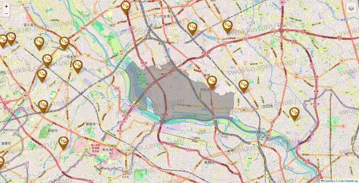 埼玉県のワッツ系列（ワッツ、ワッツウィズ、シルク、ミーツ、フレッツ、百圓領事館）の店舗地図