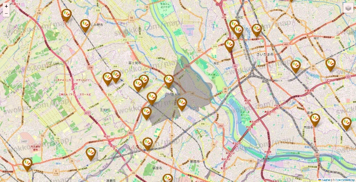 埼玉県のワッツ系列（ワッツ、ワッツウィズ、シルク、ミーツ、フレッツ、百圓領事館）の店舗地図