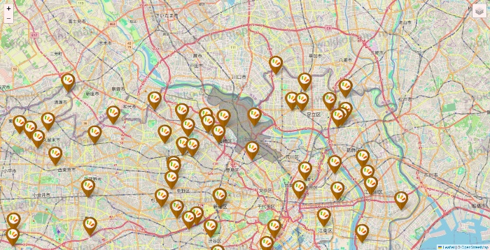 東京都のワッツ系列（ワッツ、ワッツウィズ、シルク、ミーツ、フレッツ、百圓領事館）の店舗地図