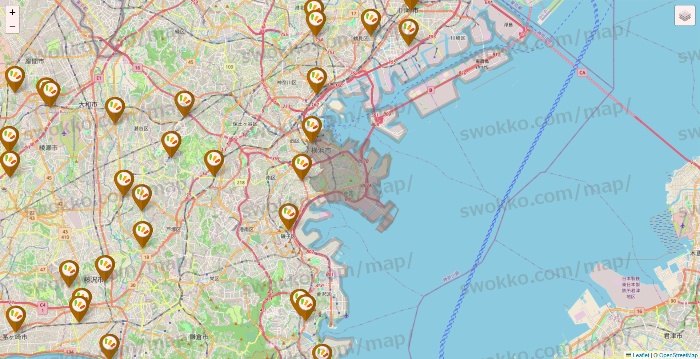 神奈川県のワッツ系列（ワッツ、ワッツウィズ、シルク、ミーツ、フレッツ、百圓領事館）の店舗地図