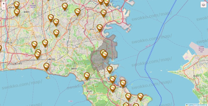 神奈川県のワッツ系列（ワッツ、ワッツウィズ、シルク、ミーツ、フレッツ、百圓領事館）の店舗地図