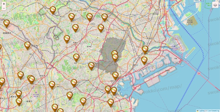 神奈川県のワッツ系列（ワッツ、ワッツウィズ、シルク、ミーツ、フレッツ、百圓領事館）の店舗地図
