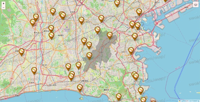 神奈川県のワッツ系列（ワッツ、ワッツウィズ、シルク、ミーツ、フレッツ、百圓領事館）の店舗地図