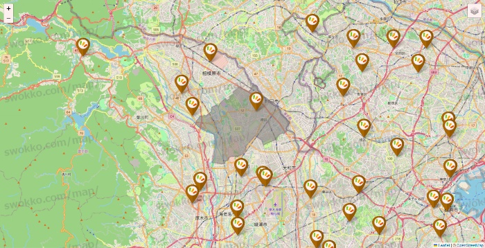 神奈川県のワッツ系列（ワッツ、ワッツウィズ、シルク、ミーツ、フレッツ、百圓領事館）の店舗地図