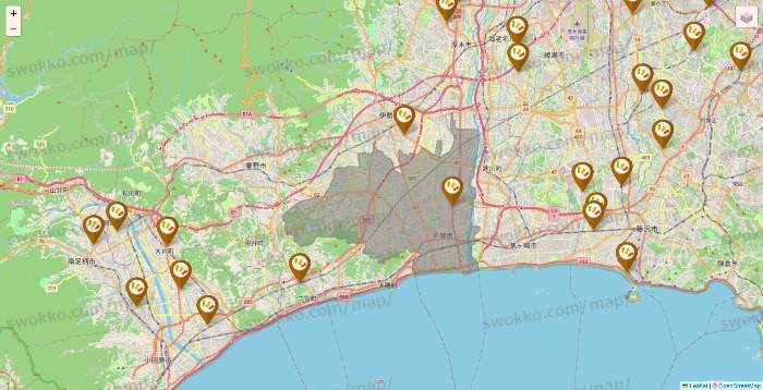 神奈川県のワッツ系列（ワッツ、ワッツウィズ、シルク、ミーツ、フレッツ、百圓領事館）の店舗地図