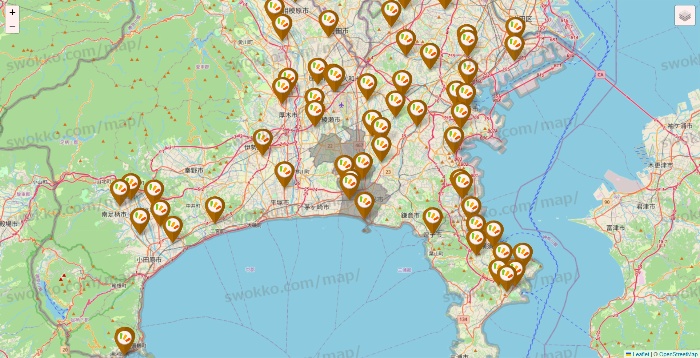 神奈川県のワッツ系列（ワッツ、ワッツウィズ、シルク、ミーツ、フレッツ、百圓領事館）の店舗地図