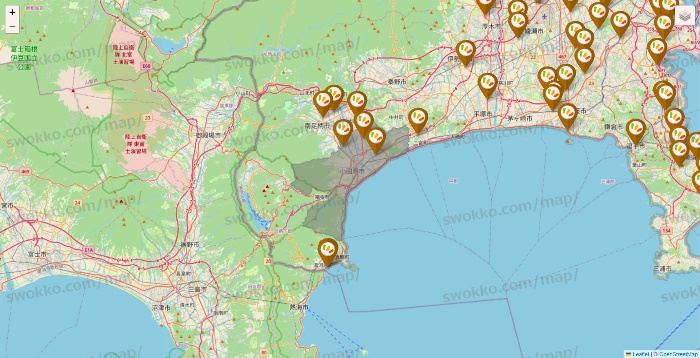 神奈川県のワッツ系列（ワッツ、ワッツウィズ、シルク、ミーツ、フレッツ、百圓領事館）の店舗地図