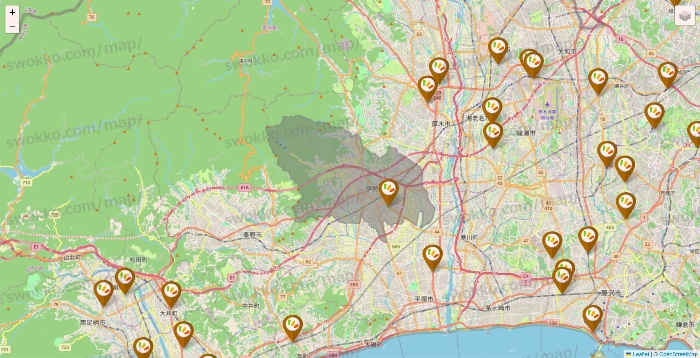 神奈川県のワッツ系列（ワッツ、ワッツウィズ、シルク、ミーツ、フレッツ、百圓領事館）の店舗地図