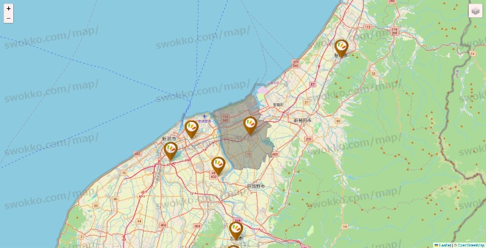 新潟県のワッツ系列（ワッツ、ワッツウィズ、シルク、ミーツ、フレッツ、百圓領事館）の店舗地図
