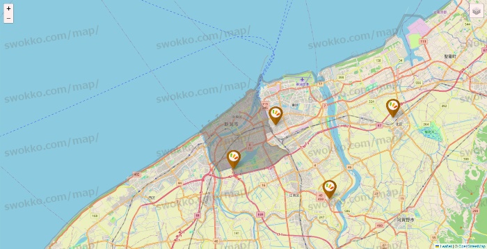 新潟県のワッツ系列（ワッツ、ワッツウィズ、シルク、ミーツ、フレッツ、百圓領事館）の店舗地図