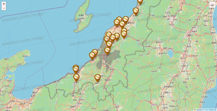 新潟県のワッツ系列（ワッツ、ワッツウィズ、シルク、ミーツ、フレッツ、百圓領事館）の店舗地図