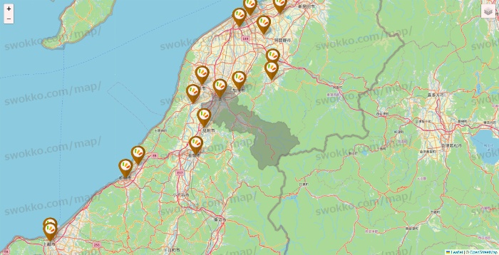 新潟県のワッツ系列（ワッツ、ワッツウィズ、シルク、ミーツ、フレッツ、百圓領事館）の店舗地図