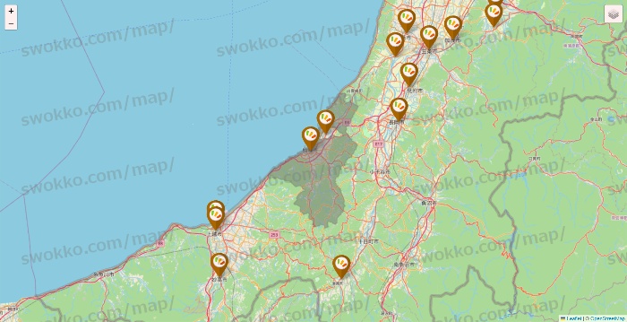 新潟県のワッツ系列（ワッツ、ワッツウィズ、シルク、ミーツ、フレッツ、百圓領事館）の店舗地図