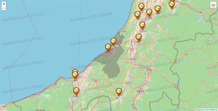 新潟県のワッツ系列（ワッツ、ワッツウィズ、シルク、ミーツ、フレッツ、百圓領事館）の店舗地図