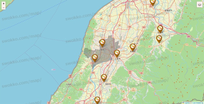 新潟県のワッツ系列（ワッツ、ワッツウィズ、シルク、ミーツ、フレッツ、百圓領事館）の店舗地図