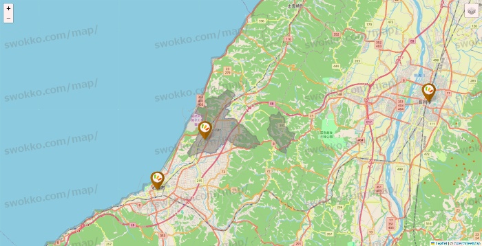 新潟県のワッツ系列（ワッツ、ワッツウィズ、シルク、ミーツ、フレッツ、百圓領事館）の店舗地図