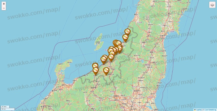 新潟県のワッツ系列（ワッツ、ワッツウィズ、シルク、ミーツ、フレッツ、百圓領事館）の店舗地図