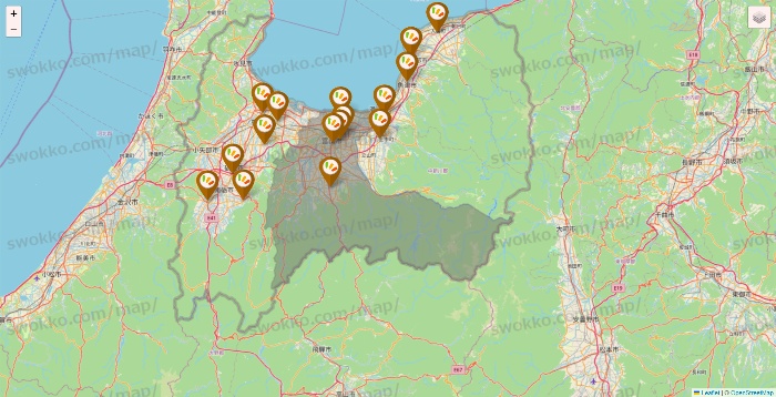 富山県のワッツ系列（ワッツ、ワッツウィズ、シルク、ミーツ、フレッツ、百圓領事館）の店舗地図