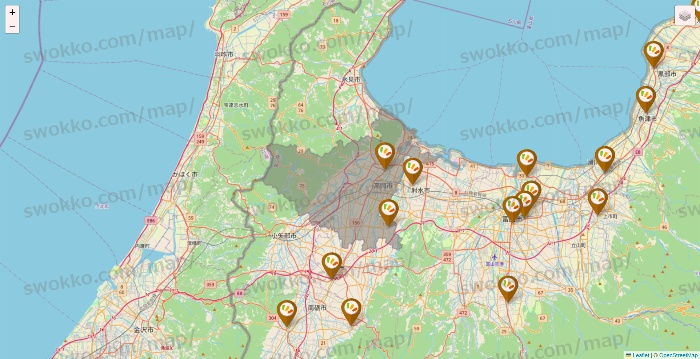 富山県のワッツ系列（ワッツ、ワッツウィズ、シルク、ミーツ、フレッツ、百圓領事館）の店舗地図