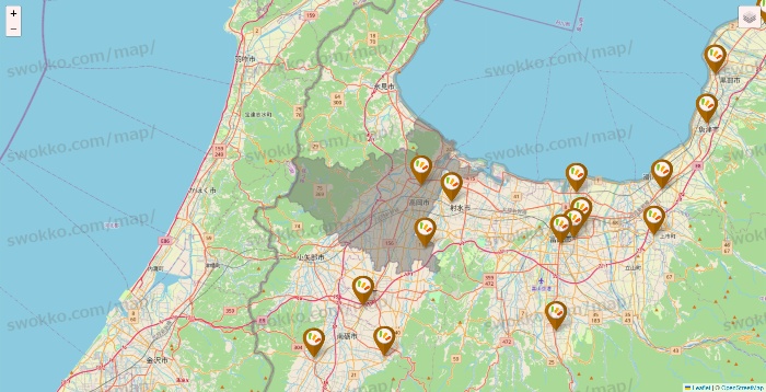富山県のワッツ系列（ワッツ、ワッツウィズ、シルク、ミーツ、フレッツ、百圓領事館）の店舗地図