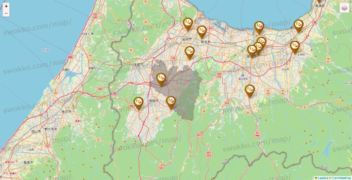 富山県のワッツ系列（ワッツ、ワッツウィズ、シルク、ミーツ、フレッツ、百圓領事館）の店舗地図