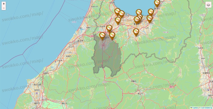 富山県のワッツ系列（ワッツ、ワッツウィズ、シルク、ミーツ、フレッツ、百圓領事館）の店舗地図