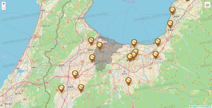 富山県のワッツ系列（ワッツ、ワッツウィズ、シルク、ミーツ、フレッツ、百圓領事館）の店舗地図