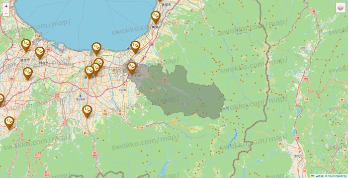 富山県のワッツ系列（ワッツ、ワッツウィズ、シルク、ミーツ、フレッツ、百圓領事館）の店舗地図