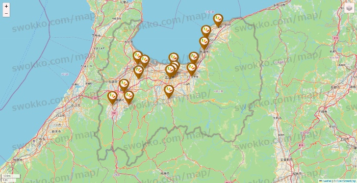 富山県のワッツ系列（ワッツ、ワッツウィズ、シルク、ミーツ、フレッツ、百圓領事館）の店舗地図