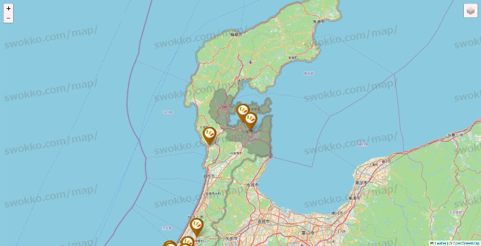 石川県のワッツ系列（ワッツ、ワッツウィズ、シルク、ミーツ、フレッツ、百圓領事館）の店舗地図