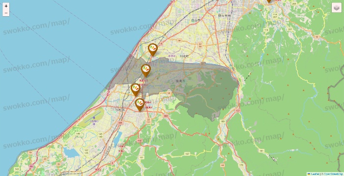 石川県のワッツ系列（ワッツ、ワッツウィズ、シルク、ミーツ、フレッツ、百圓領事館）の店舗地図