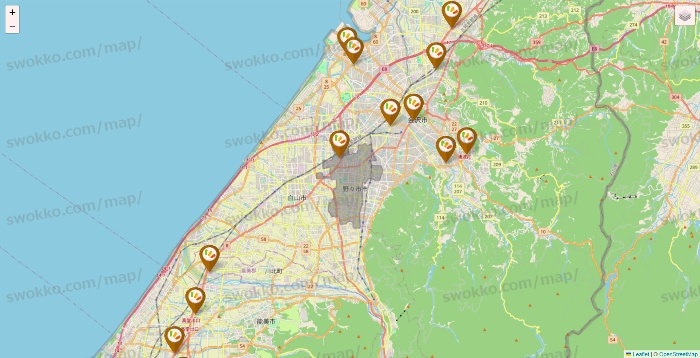 石川県のワッツ系列（ワッツ、ワッツウィズ、シルク、ミーツ、フレッツ、百圓領事館）の店舗地図