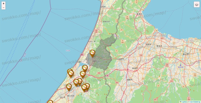 石川県のワッツ系列（ワッツ、ワッツウィズ、シルク、ミーツ、フレッツ、百圓領事館）の店舗地図