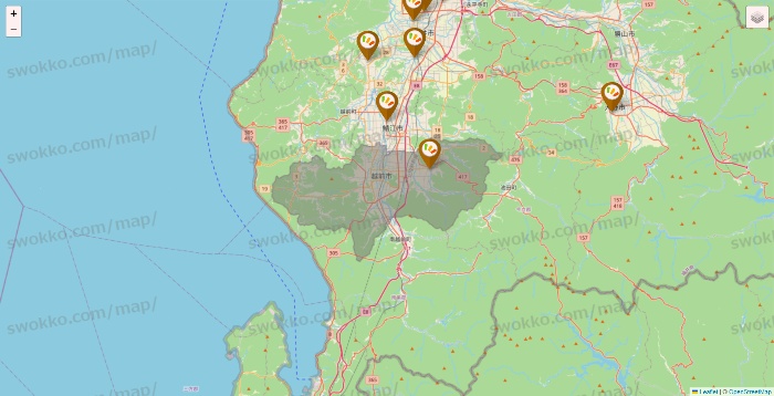 福井県のワッツ系列（ワッツ、ワッツウィズ、シルク、ミーツ、フレッツ、百圓領事館）の店舗地図