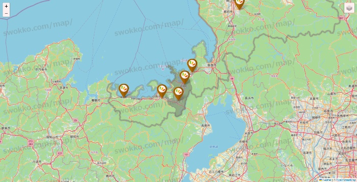 福井県のワッツ系列（ワッツ、ワッツウィズ、シルク、ミーツ、フレッツ、百圓領事館）の店舗地図