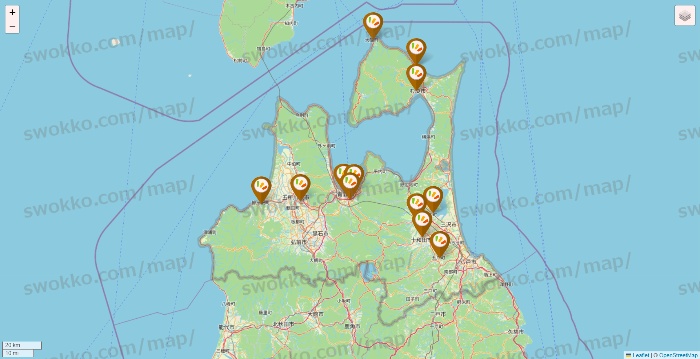 青森県のワッツ系列（ワッツ、ワッツウィズ、シルク、ミーツ、フレッツ、百圓領事館）の店舗地図