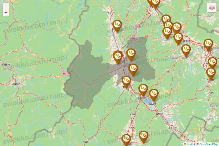 長野県のワッツ系列（ワッツ、ワッツウィズ、シルク、ミーツ、フレッツ、百圓領事館）の店舗地図