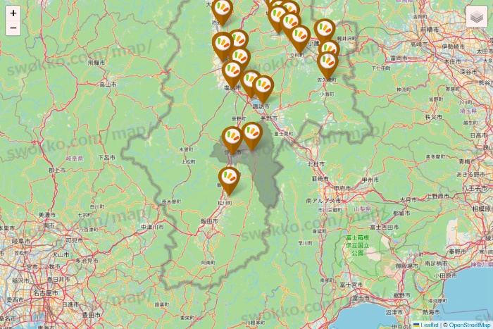 長野県のワッツ系列（ワッツ、ワッツウィズ、シルク、ミーツ、フレッツ、百圓領事館）の店舗地図
