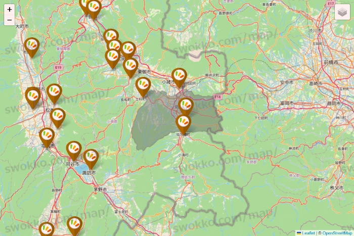 長野県のワッツ系列（ワッツ、ワッツウィズ、シルク、ミーツ、フレッツ、百圓領事館）の店舗地図