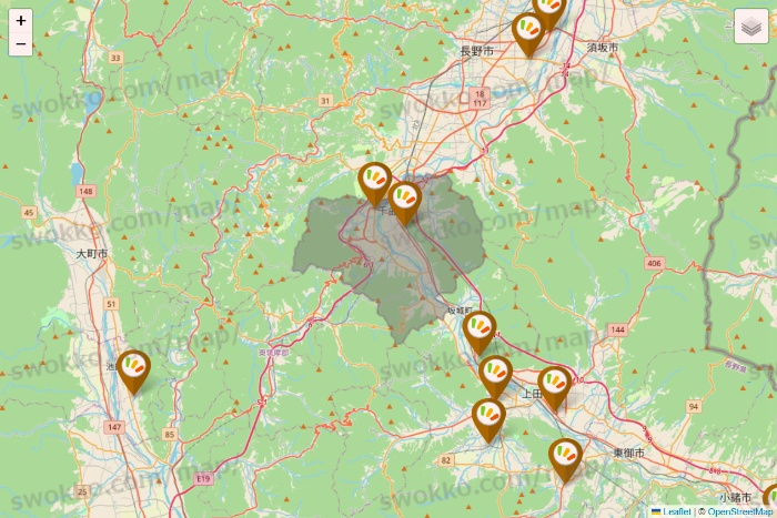 長野県のワッツ系列（ワッツ、ワッツウィズ、シルク、ミーツ、フレッツ、百圓領事館）の店舗地図