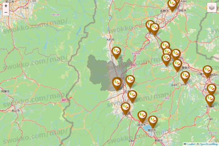 長野県のワッツ系列（ワッツ、ワッツウィズ、シルク、ミーツ、フレッツ、百圓領事館）の店舗地図